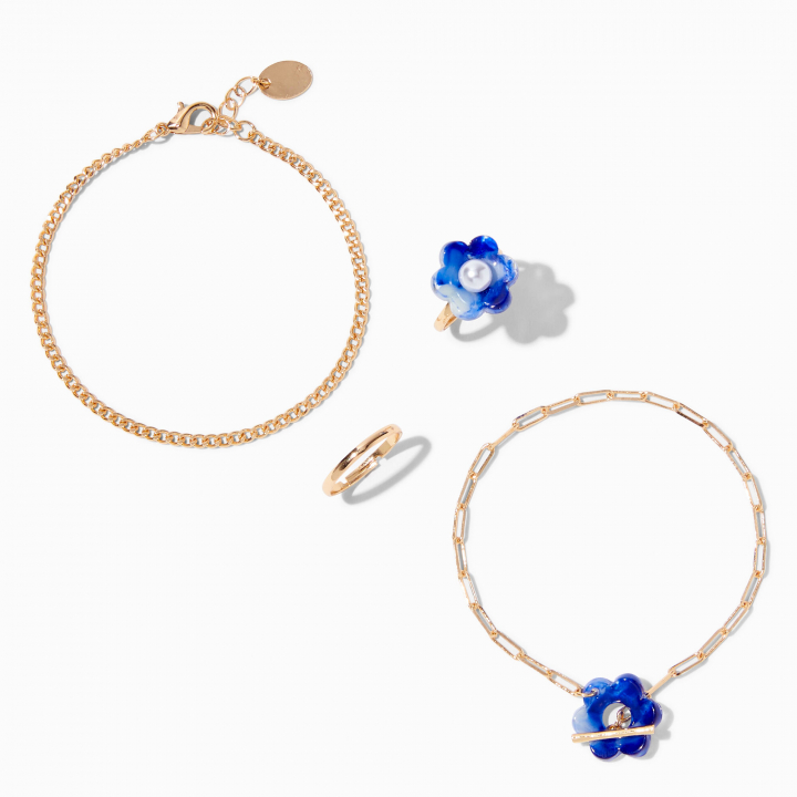 Claires Marble Bracelets & Gold Rings Set | 4 Pack | Blue